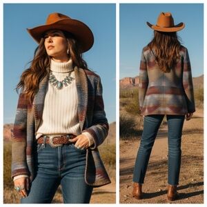 Dalmys 7/8 Vintage Bohemian Tribal Southwestern Americana Wool Blend Long Blazer